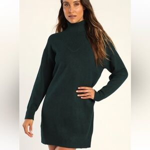 Lulus - Frosty Forecast Dark Teal Turtleneck Long Sleeve Sweater Mini Dress (XS)